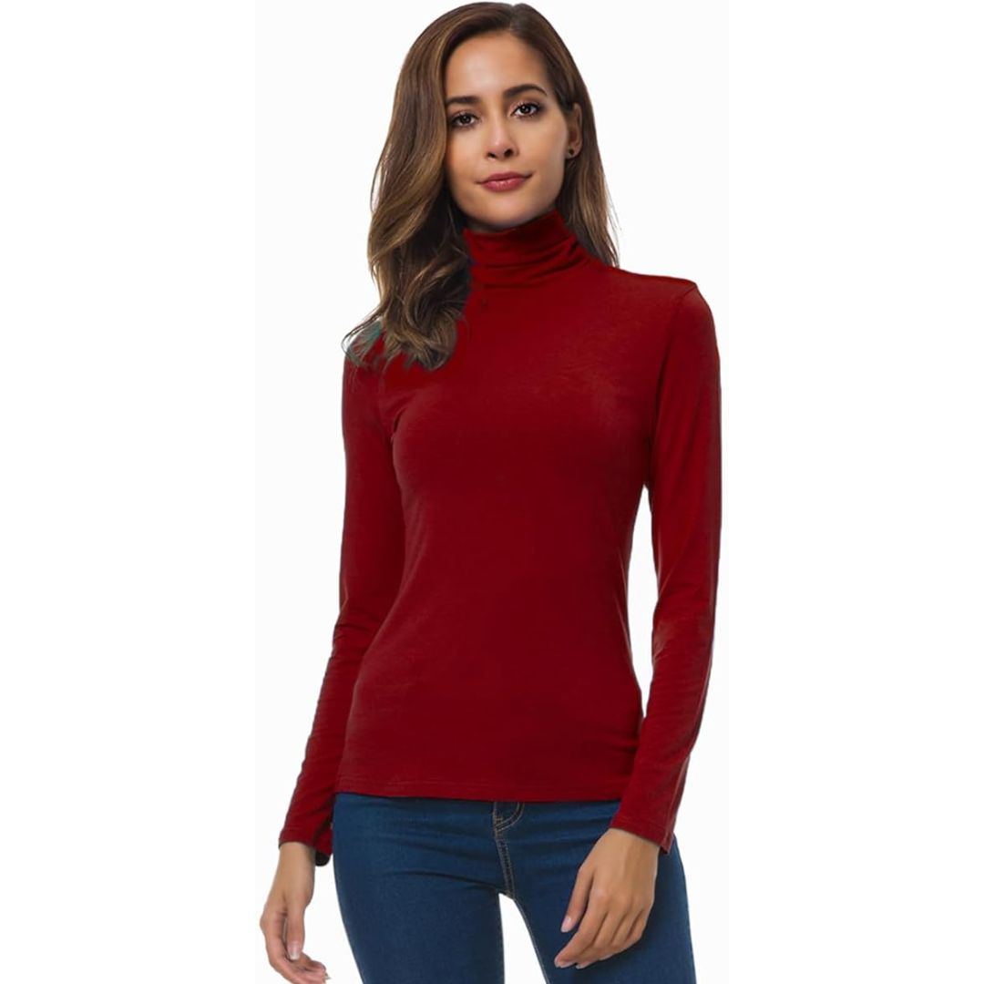 Detailed view of the fabric of a women's slim fit turtleneck sweater, highlighting its quality.