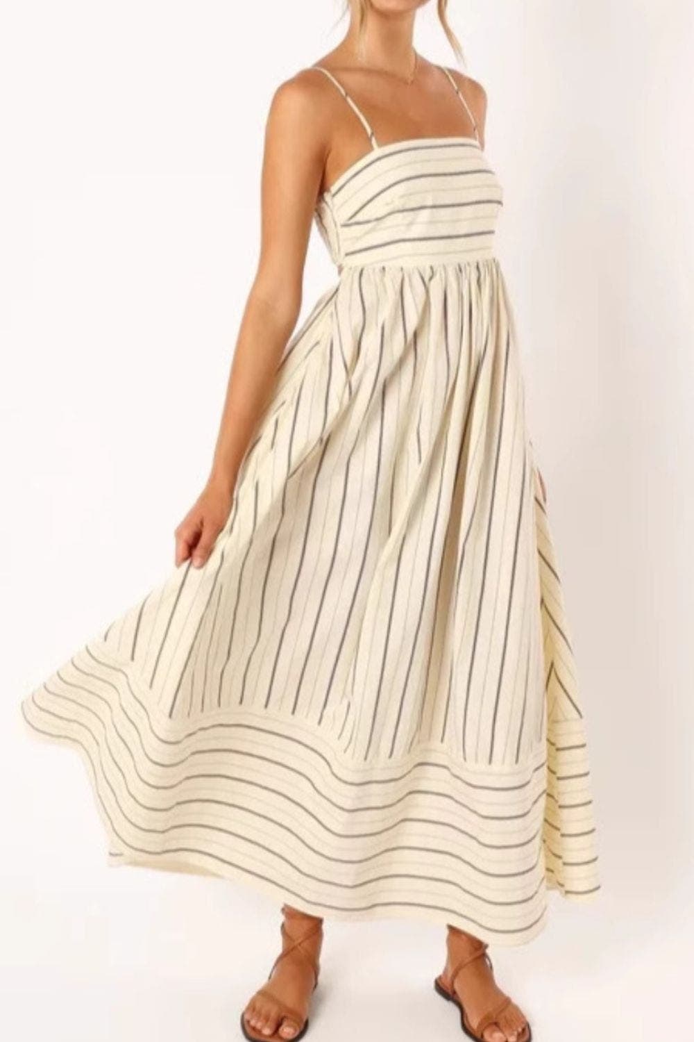Stylish striped strappy maxi dress for women's summer parties, elegant events & casual outings.