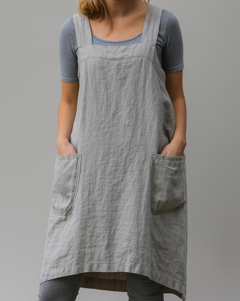 Stylish women's apron dress, knee-length, with deep pockets and adjustable cross-back for comfortable, practical wear.