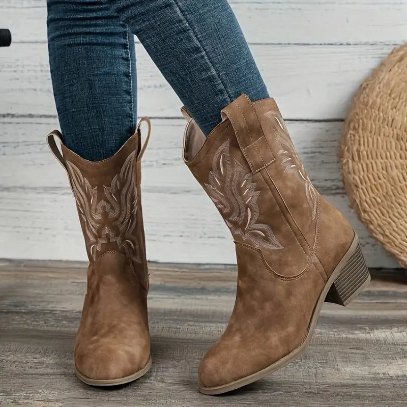 Women's stylish camel heeled cowgirl boots, western-inspired fashion mid-calf boots with embroidery detail.