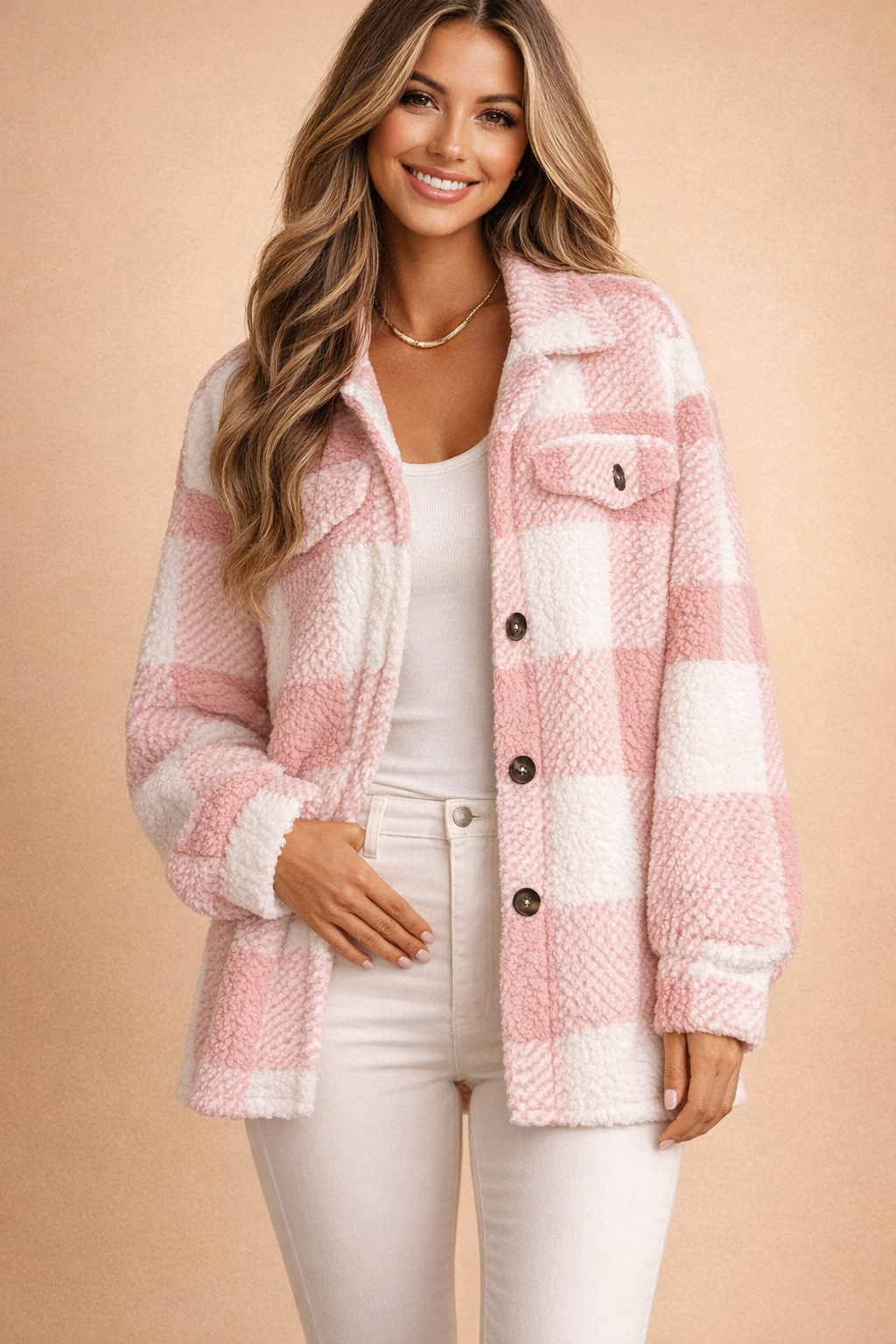 Comfortable women's loose fit shacket, a versatile fashion top and jacket for fall and mild winter days.