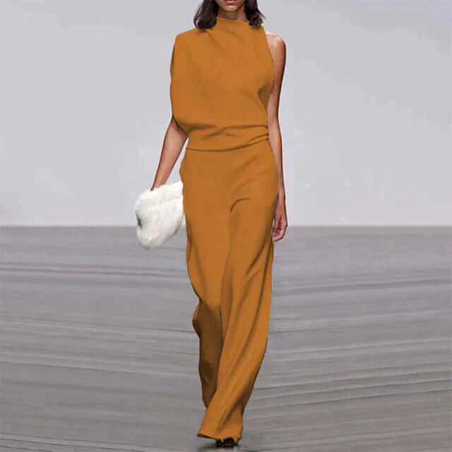 Full shot of a comfortable women's summer glam jumpsuit, designed with a wide leg for elegant style & movement.