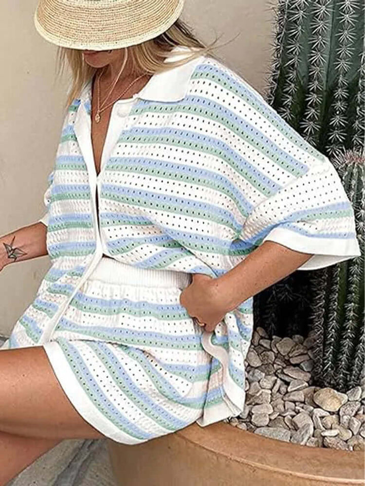 Women's summer striped knit two-piece set in pink & blue, perfect casual loungewear with shorts.