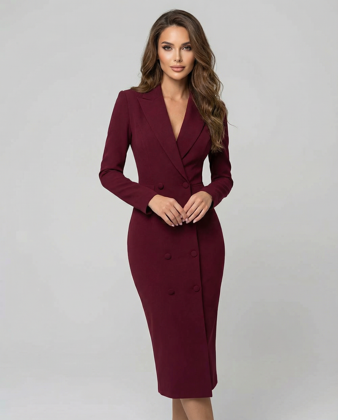 Women's tailored blazer maxi dress, sophisticated minimalist style. Perfect office wear & elegant day-to-night fashion.