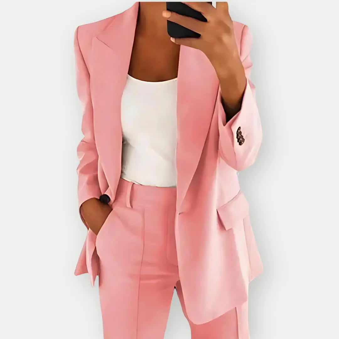 Women's tailored blazer and matching trousers, a professional and stylish business suit.