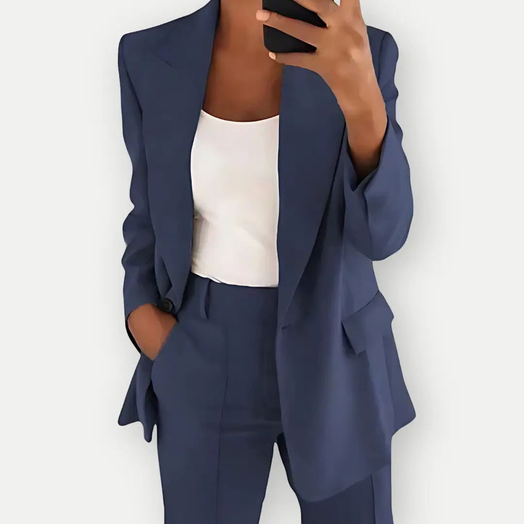 High-quality women's tailored blazer & trouser set, a sophisticated choice for business attire.