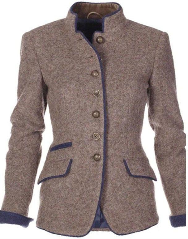 Elegant women's tailored wool blend jacket in brown, featuring a chic stand collar for a sophisticated look.