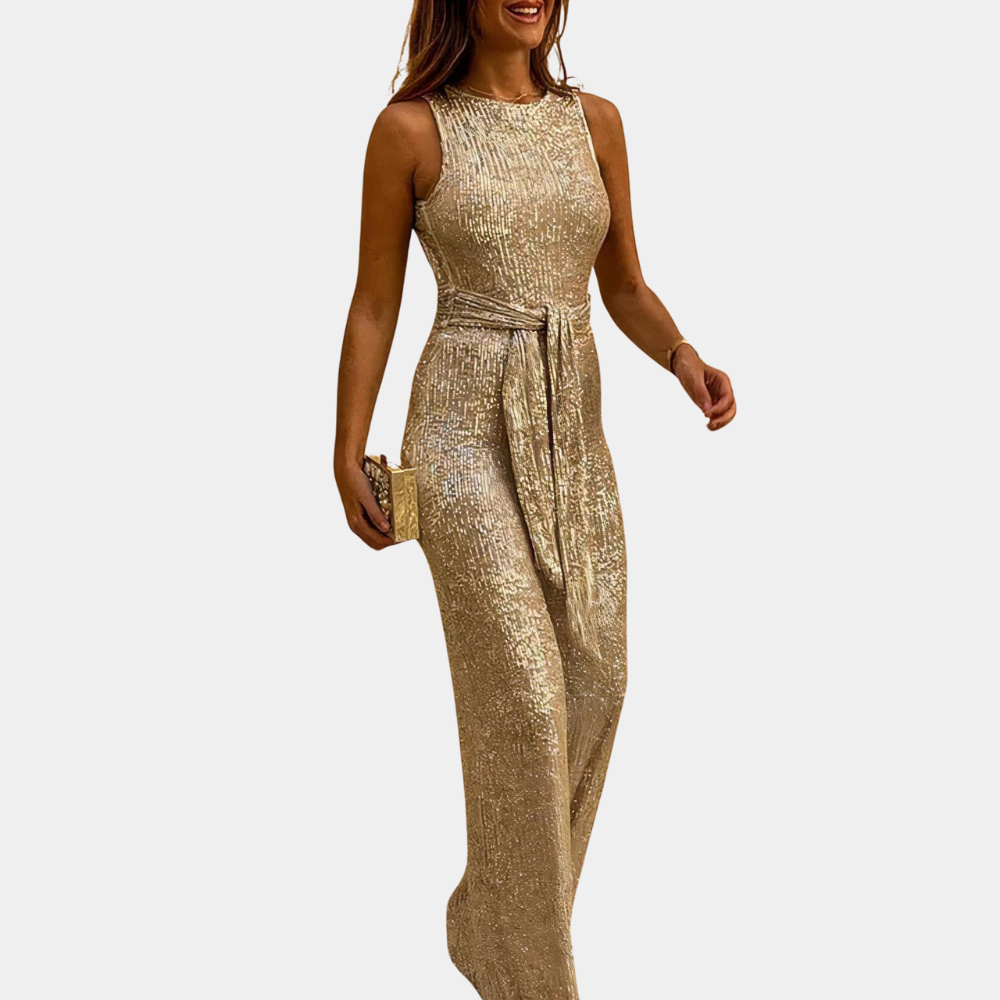 Stylish sequined women's jumpsuit, ideal for formal events, special occasions, or a glamorous evening.