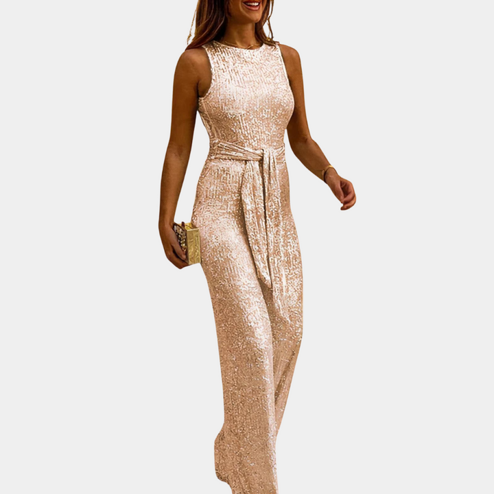 Sparkling sequin jumpsuit for women, offering a chic, elegant look for evening parties and events.