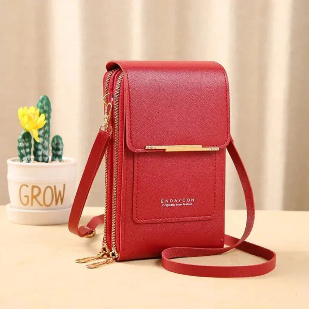 Travel organizer women's shoulder bag with touch screen, a convenient phone purse for journeys.