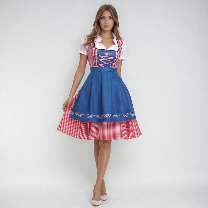Women's traditional Oktoberfest dirndl dress costume with embroidered bodice & full skirt for festive Bavarian events.