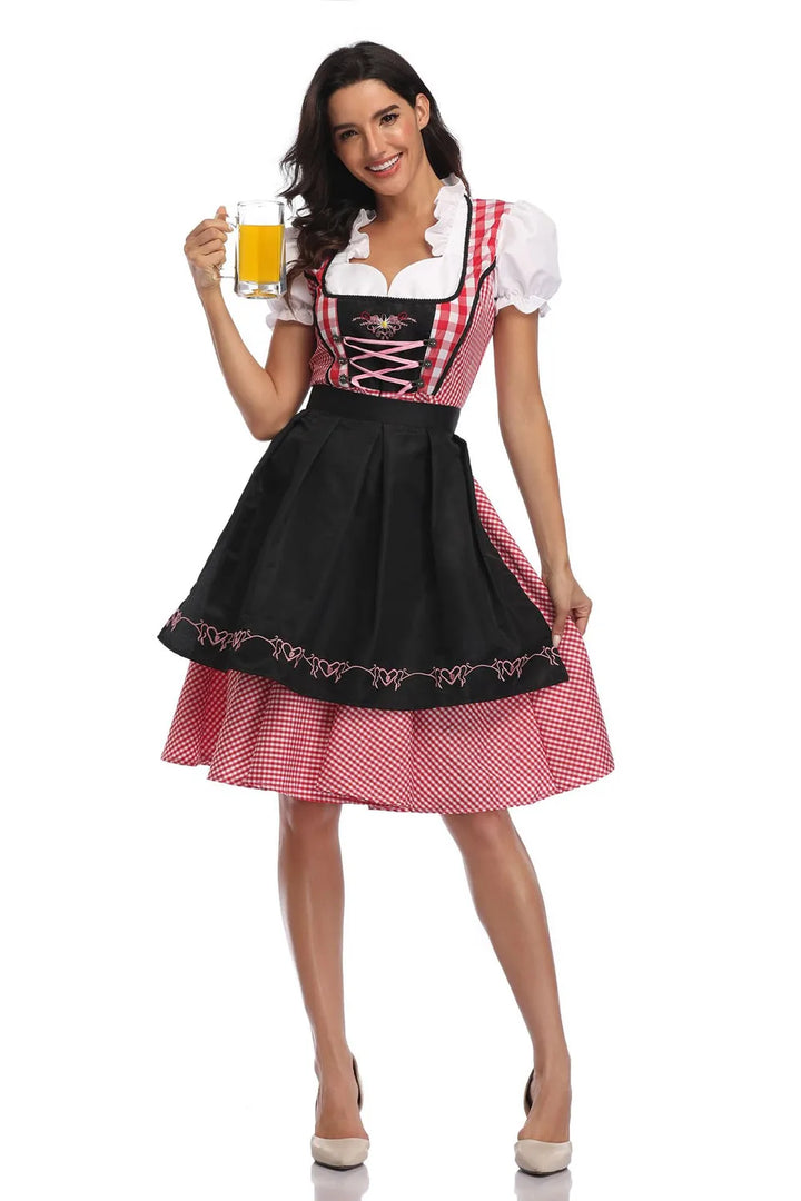 Full length view of women's traditional Oktoberfest dress, a charming Bavarian costume for festive events.