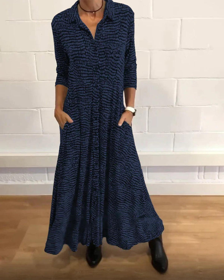 Versatile women's V-neck relaxed fit maxi dress, a long shirt dress perfect for casual or elegant everyday style.