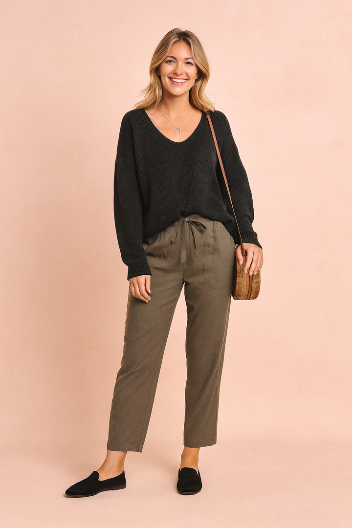 Chic women's V-neck pullover, relaxed fit, perfect for versatile fall outfits & winter fashion.