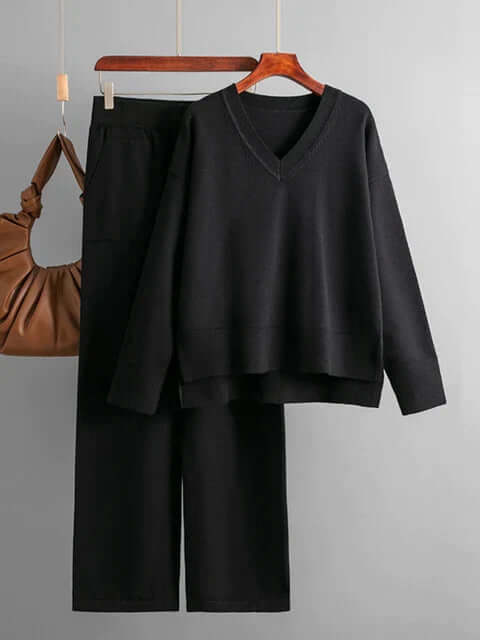 Women's V-Neck Sweater & Wide-Leg Trousers Set. Effortless style, comfortable two-piece outfit.