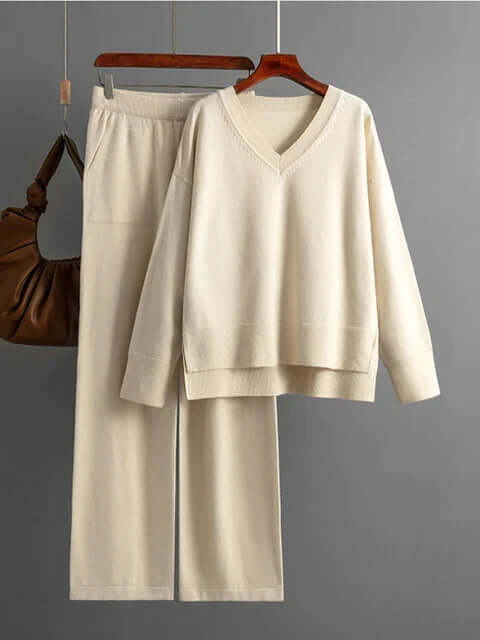 Effortless women's two-piece outfit: V-neck sweater & wide-leg trousers. Spandex blend comfort.