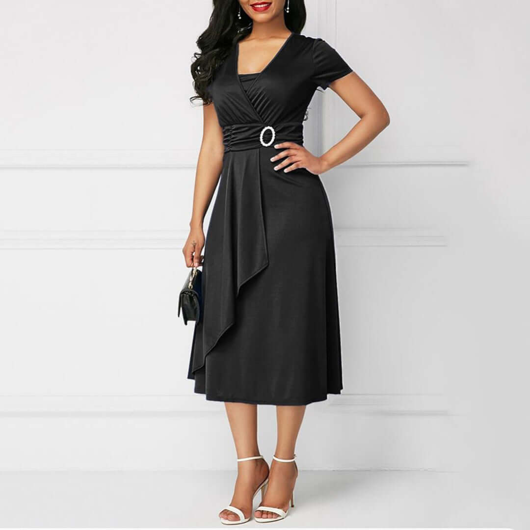 Women's V-neck wrap midi dress with short sleeves & buckle. Flattering, elegant & versatile for any occasion.