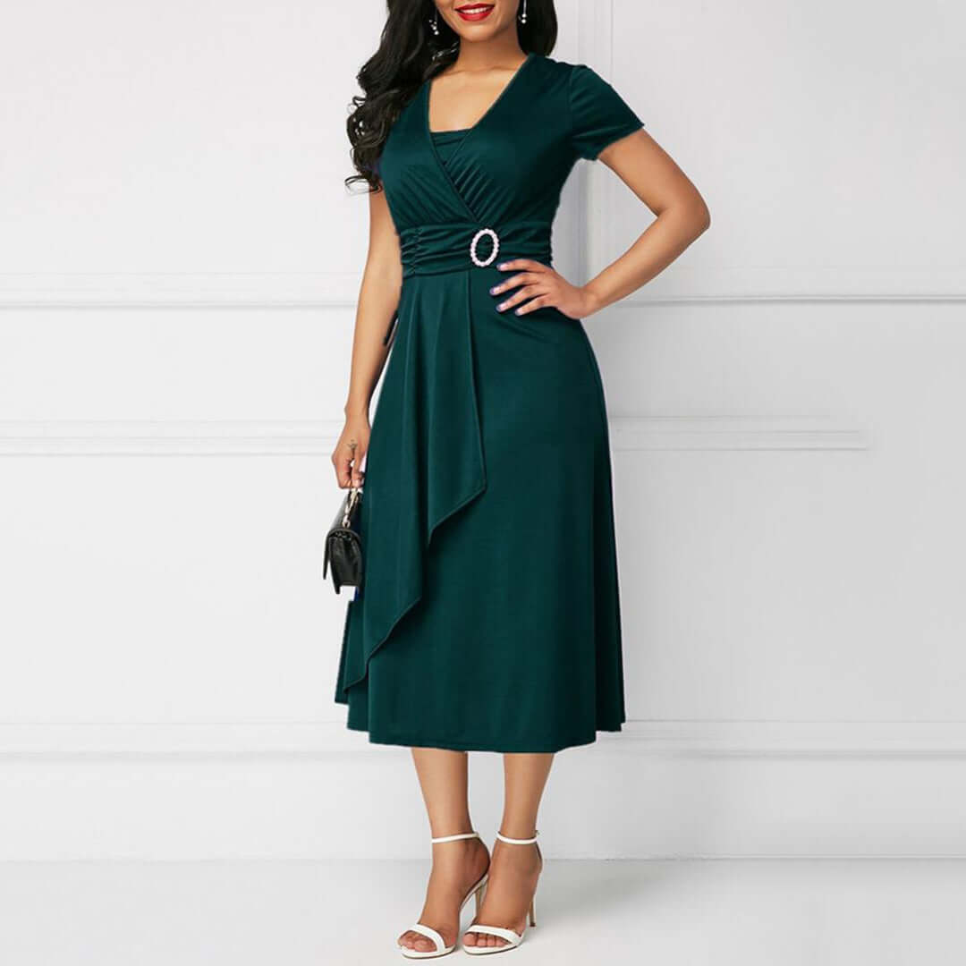 Stylish women's midi dress with a V-neck, short sleeves & chic wrap-around design with a buckle detail.