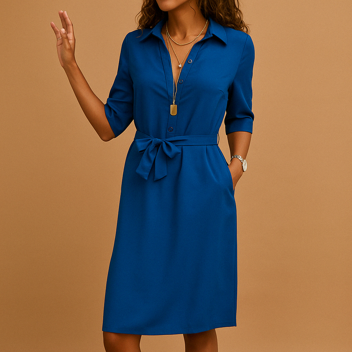 Relaxed fit women's midi dress with half sleeves & tie waist, ideal for chic workwear & comfortable business casual.