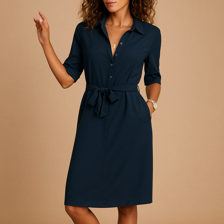 Effortless women's midi work dress, relaxed fit, featuring half sleeves and a stylish button-front design.
