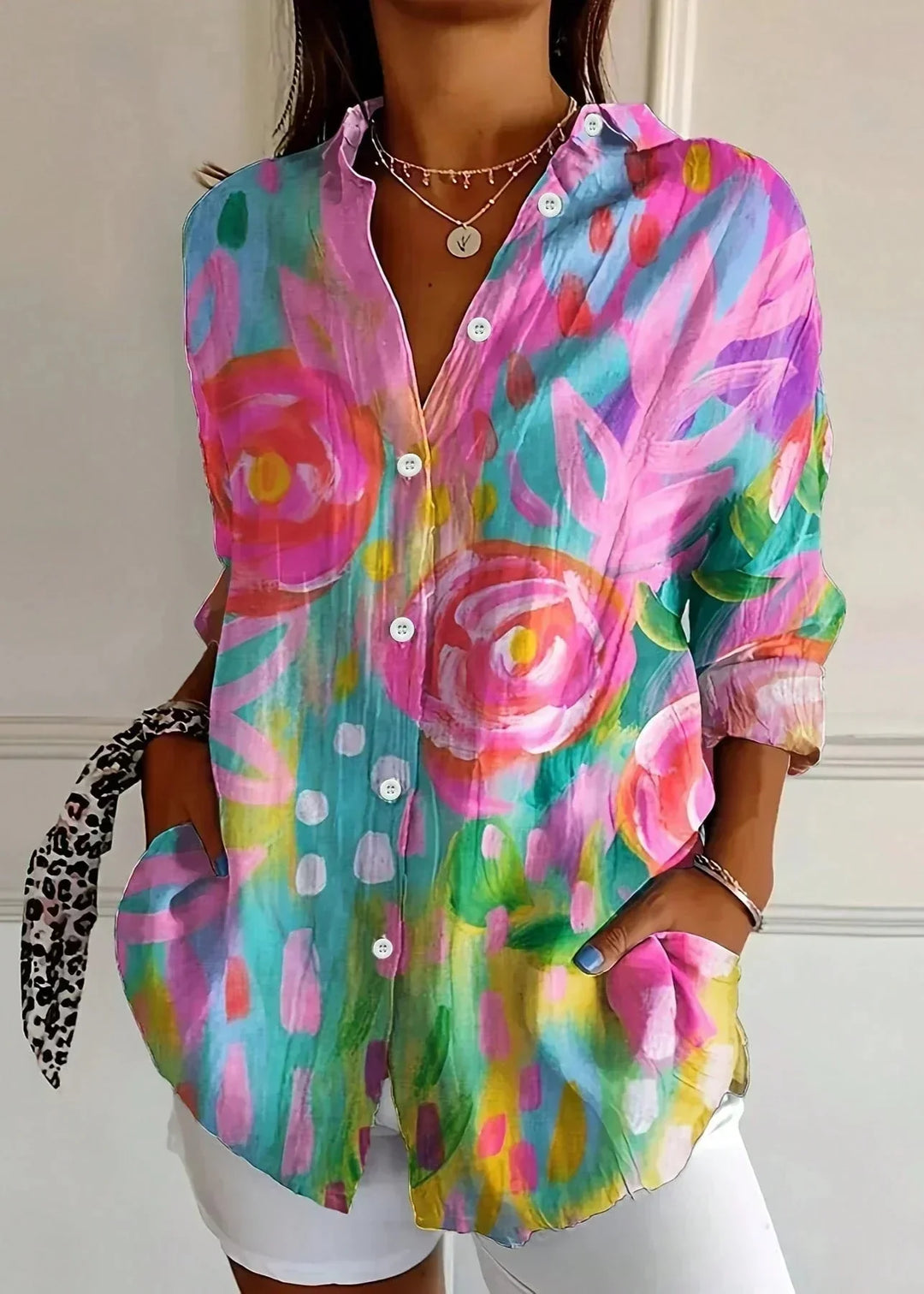 Women's vibrant printed long sleeve blouse, perfect for casual or elegant daily wear with a flattering fit.