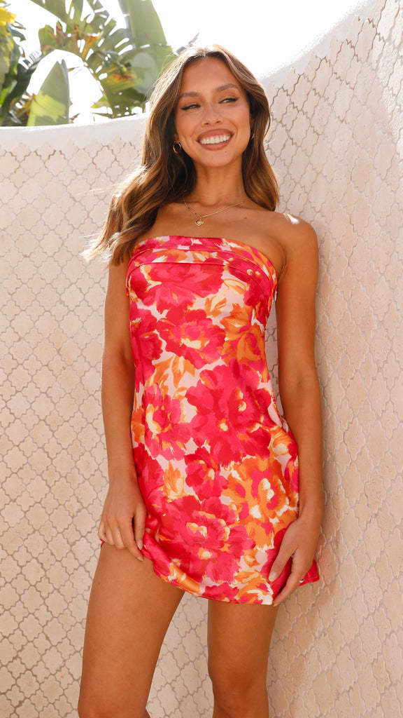 Beautiful women's floral mini dress, strapless and elegant for any summer occasion.