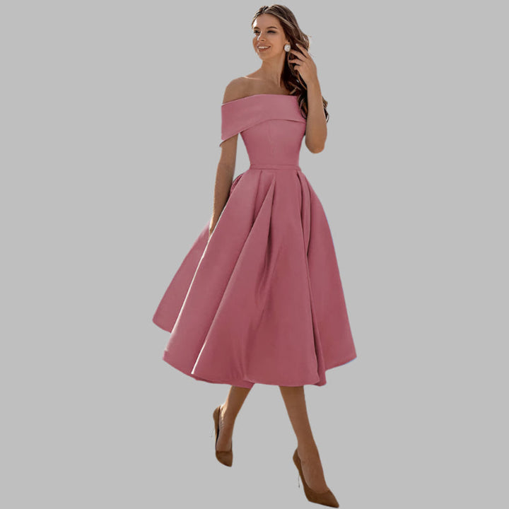 Women's vintage off-shoulder A-line tea-length prom dress.