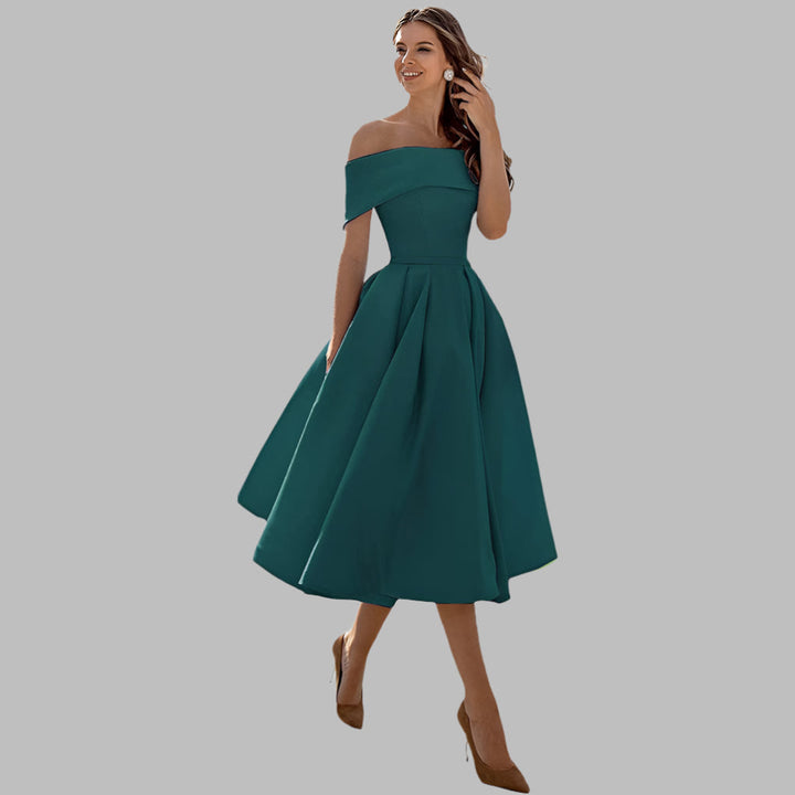 Women's vintage off-shoulder formal dress, A-line prom gown.