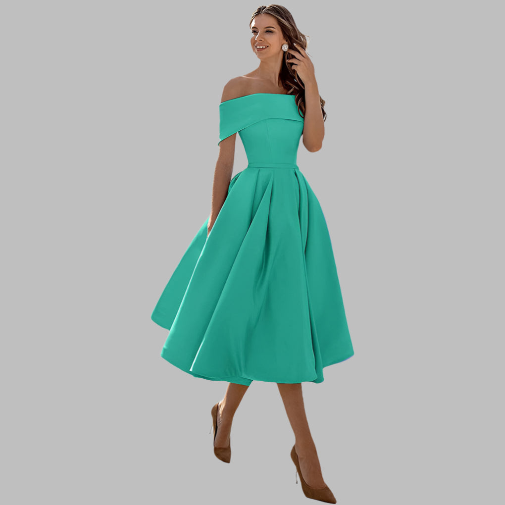 Women's A-line off-shoulder prom gown, vintage tea-length formal style.