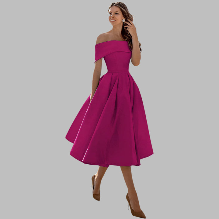 Sophisticated off-shoulder prom dress for women, vintage A-line formal style.