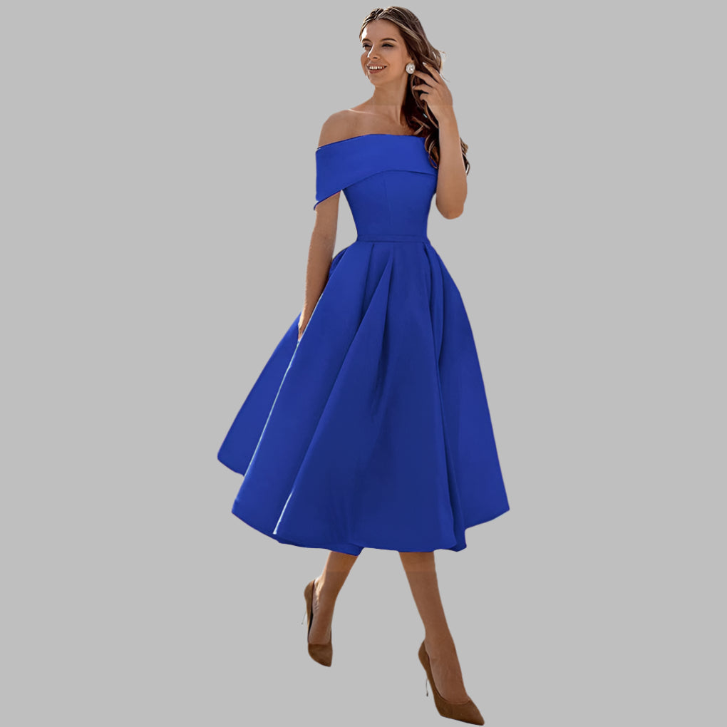 Women's elegant vintage off-shoulder formal tea-length gown, A-line cut.