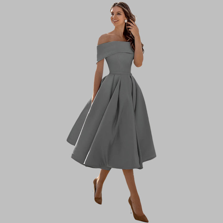 Vintage tea-length off-shoulder prom dress, perfect for women's special occasions.