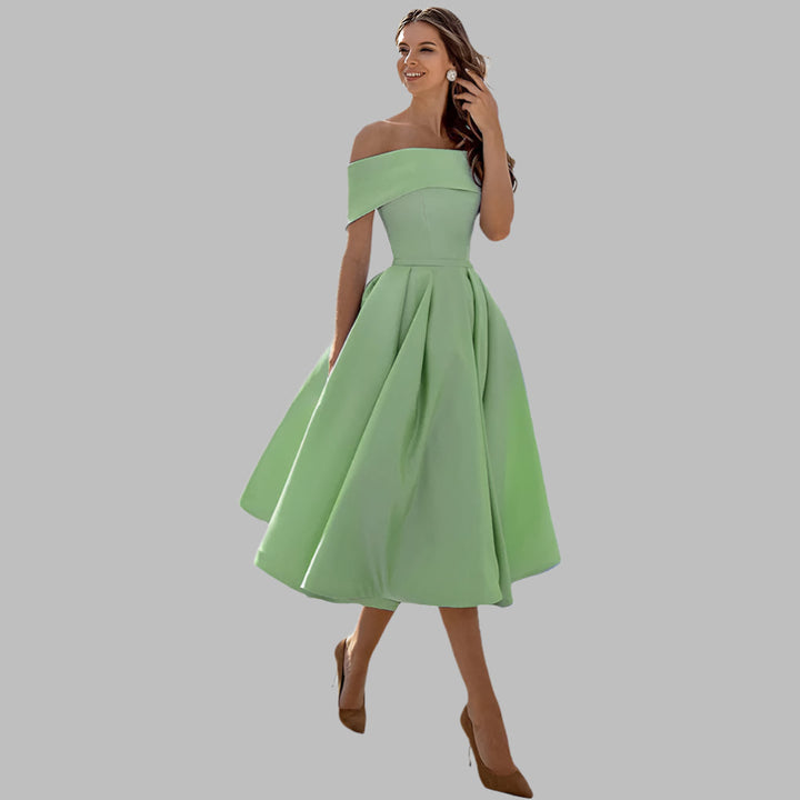 Women's elegant vintage off-shoulder formal gown, A-line tea-length.