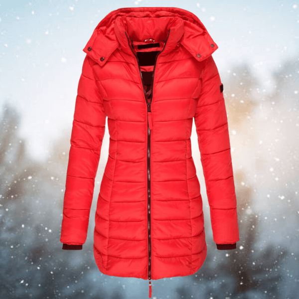 Fashionable women's longline padded puffer coat for winter, combining style with practical warmth and comfort.