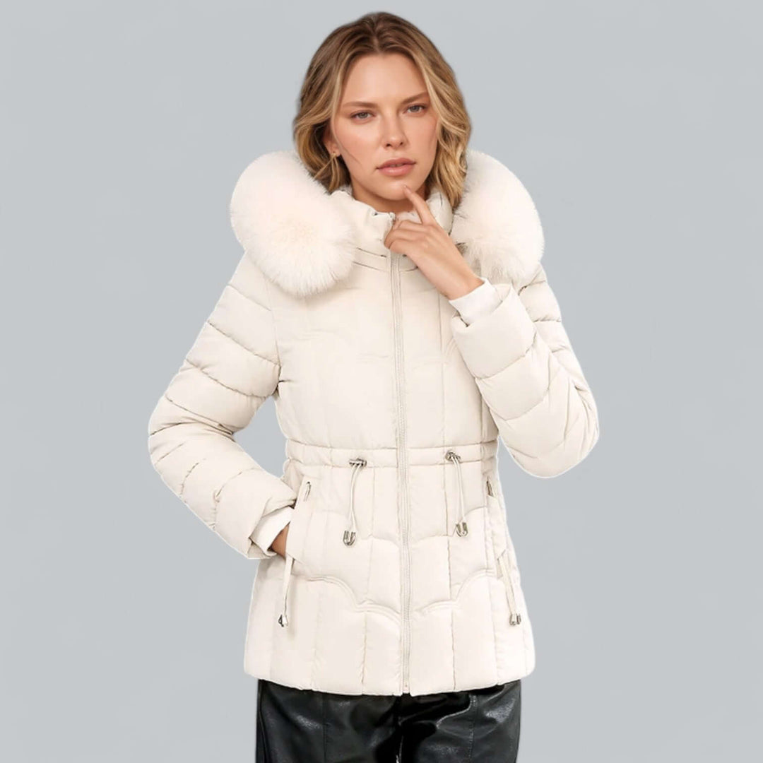 Plush, warm women's padded parka coat with a luxurious faux fur hood, perfect for winter.