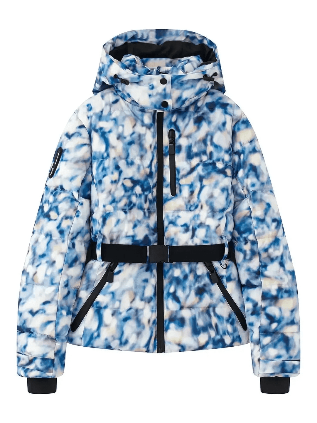 Stylish women's waterproof puffer ski jacket, insulated & belted. Perfect for winter fashion & outdoor snow activities.