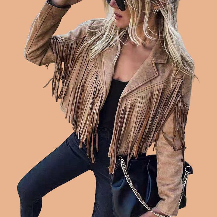 Stylish women's cropped western jacket with fringe details, perfect as a chic statement outerwear piece.