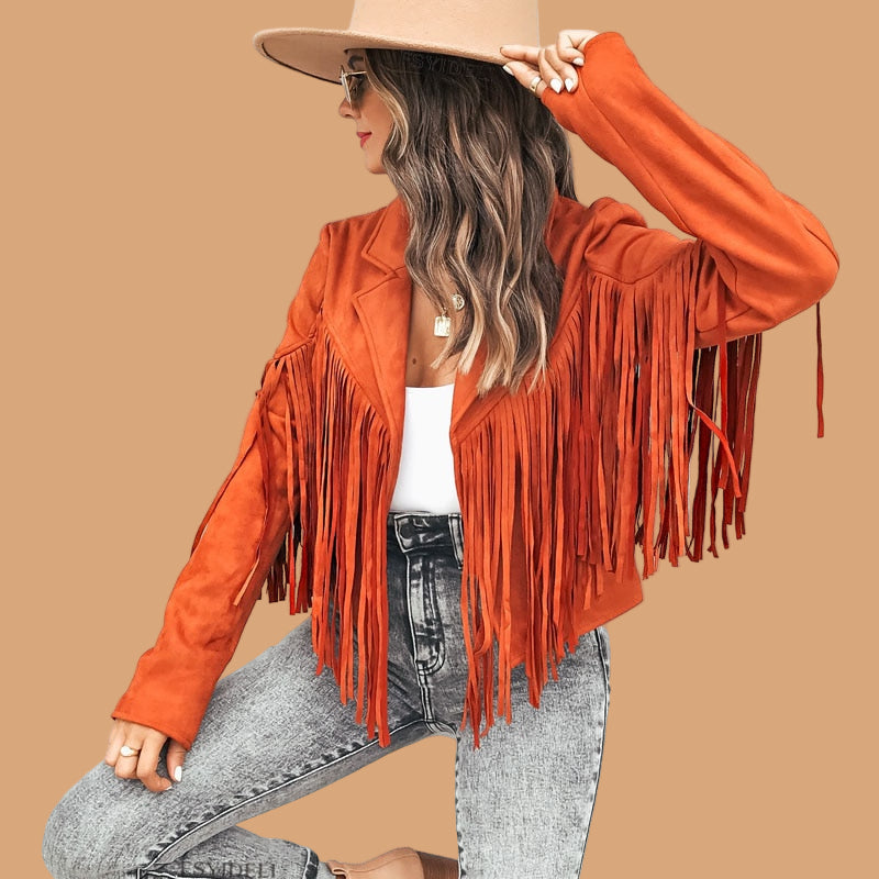 Boho-chic women's western fringe jacket; a cropped statement outerwear piece for fashionable women.