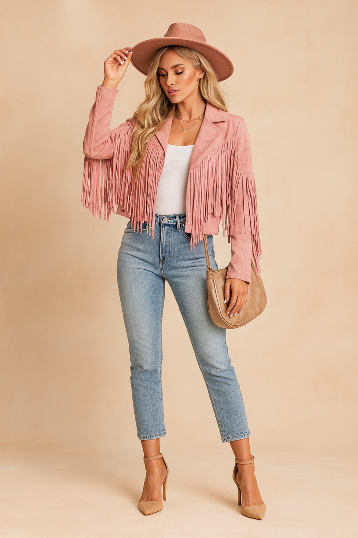 Warm women's cropped winter jacket featuring trendy western fringe, a versatile casual outerwear.