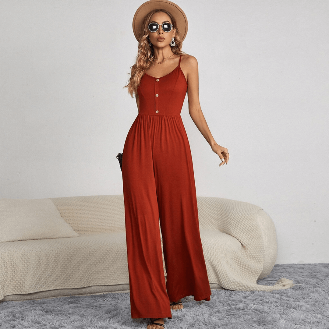 Women's wide leg button front jumpsuit with spaghetti straps. Elegant and versatile summer outfit.