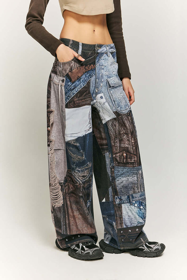 Patchwork print wide leg trousers for women. Fashionable, bohemian, and casual bottoms.