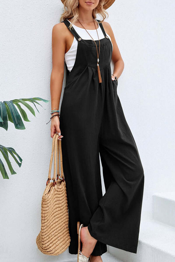 Comfortable women's full-length jumpsuit with a trendy wide neck design and thin straps.