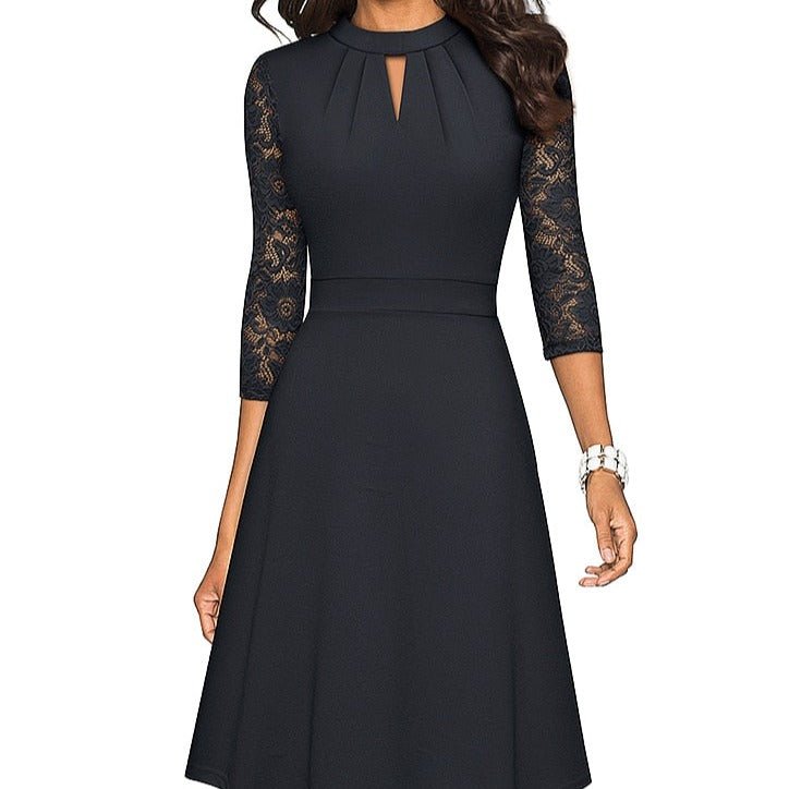 Women's A-Line Dress with Lace Sleeves, elegant semi-formal attire ideal for weddings and cocktail parties, with high necklin