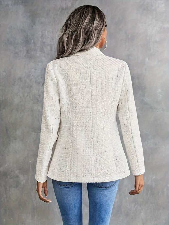 Women's Beige Long-Sleeve Blazer with Notched Collar, elegant style, structured fit, versatile professional wear.
