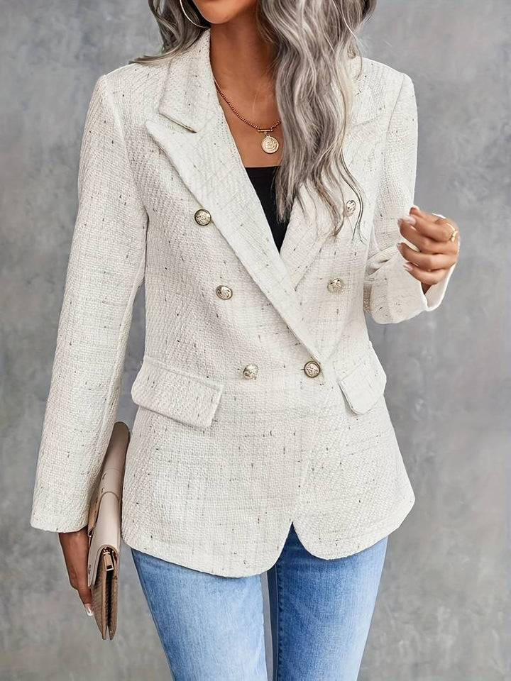 Women's Beige Long-Sleeve Blazer with Notched Collar, elegant style, structured fit, versatile professional wear.