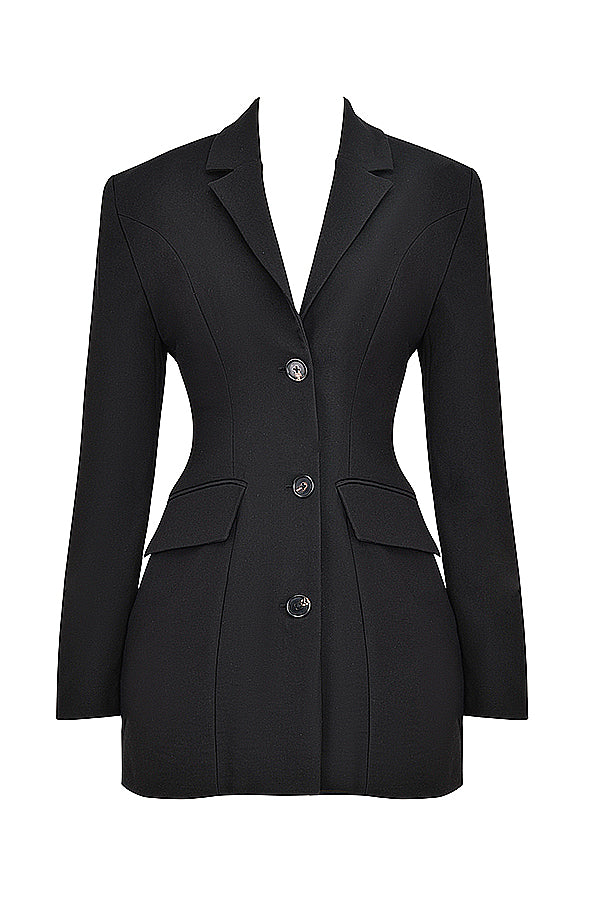 Women's black mini blazer dress with tailored fit, classic yet versatile, ideal for professional and evening wear.