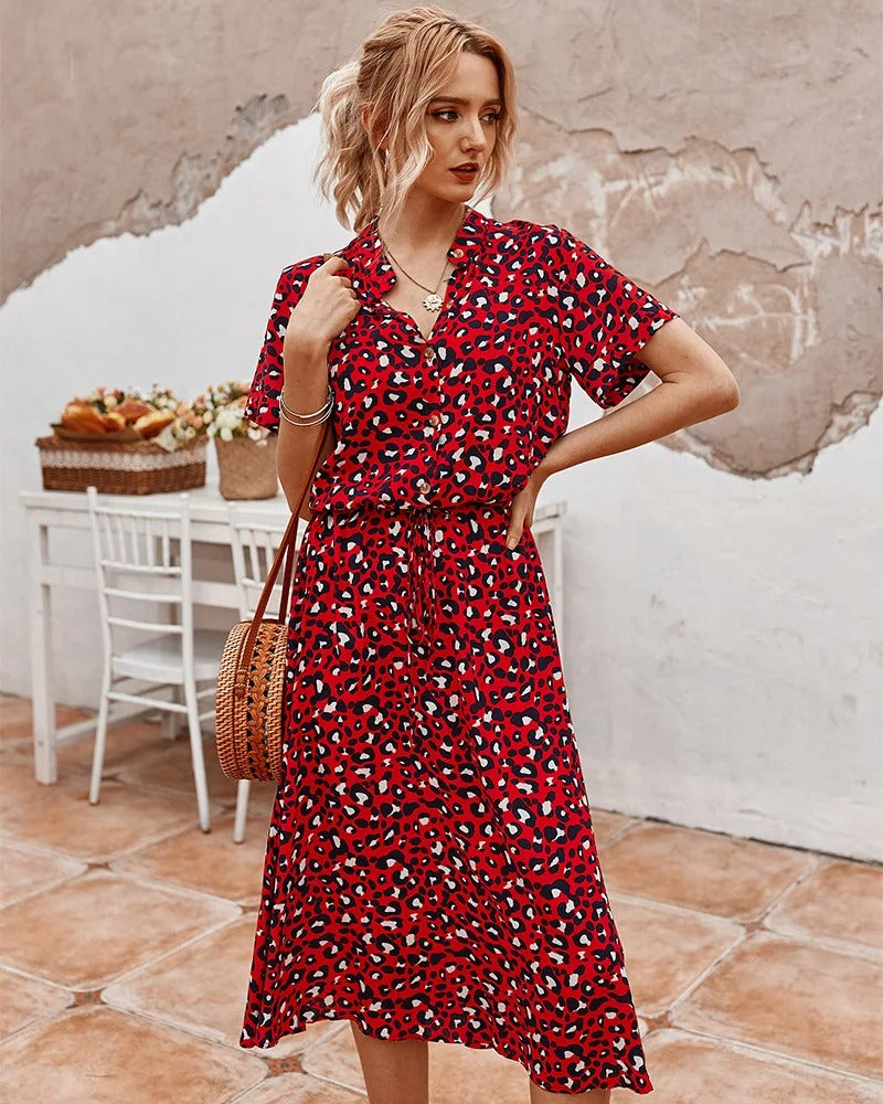 Women's breathable black midi dress, button front, relaxed fit with short sleeves, perfect for summer comfort and style.