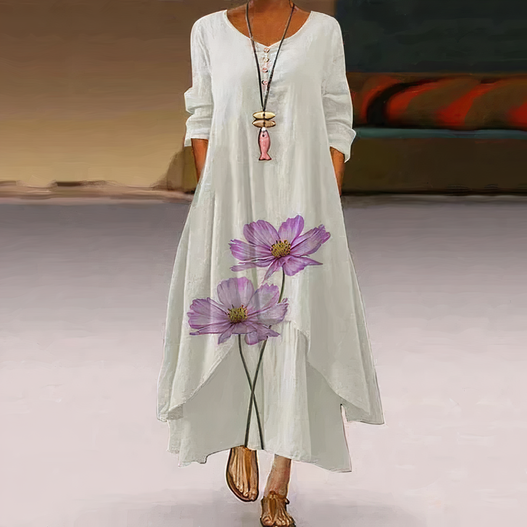 "Women's breathable midi dress with elegant floral design, A-line silhouette, perfect for all seasons and occasions."