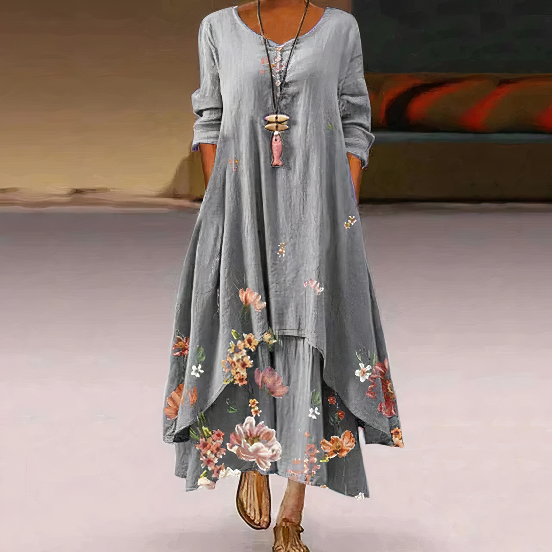 "Women's breathable midi dress with elegant floral design, A-line silhouette, perfect for all seasons and occasions."