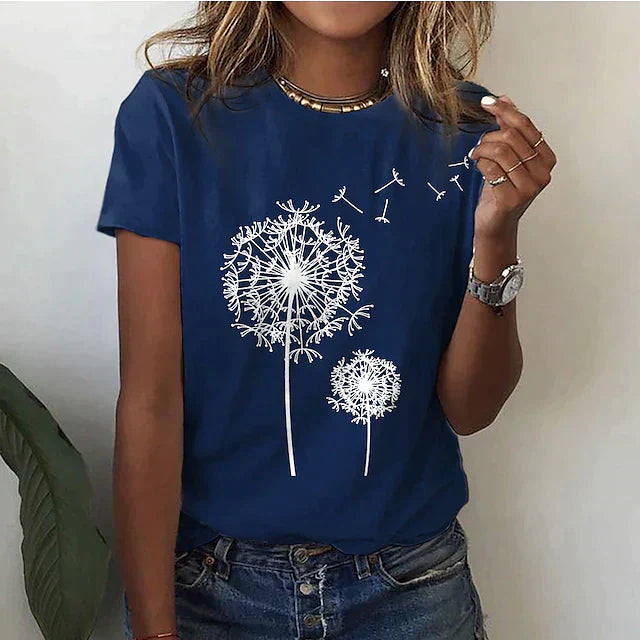 "Women's casual floral T-shirt in black with dandelion print, round neckline, relaxed fit, available in multiple colors."